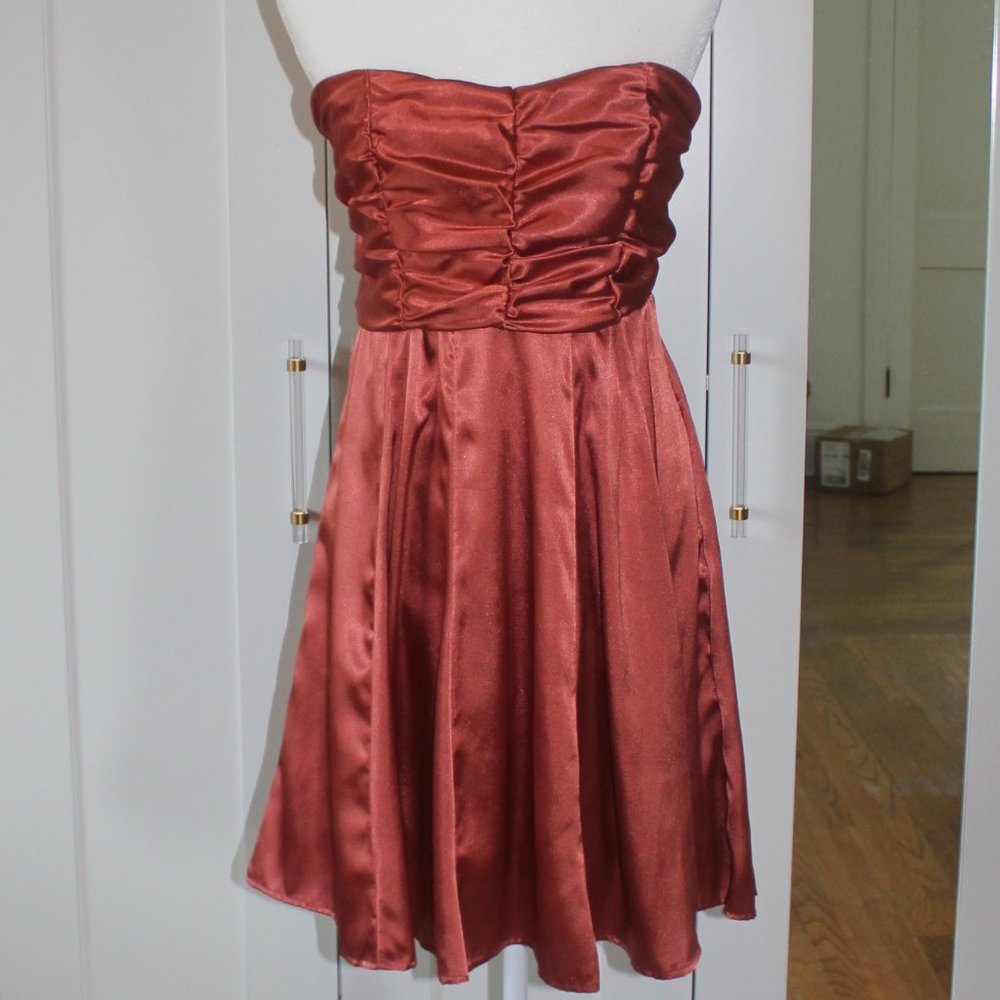 Burnt Orange Satin Strapless Cocktail Dress